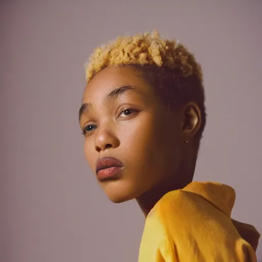 Image similar to realistic photoshooting for a new aime leon dore lookbook, color film photography, portrait of a blonde woman, photo in style of tyler mitchell, 3 5 mm,