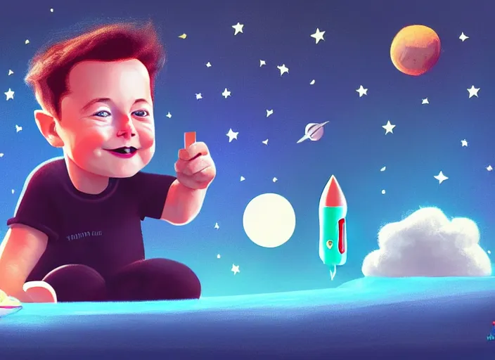 Prompt: toddler elon musk playing with his space rockets on a fluffy rug, concept art, digital painting, soft cinematic lighting, artstation