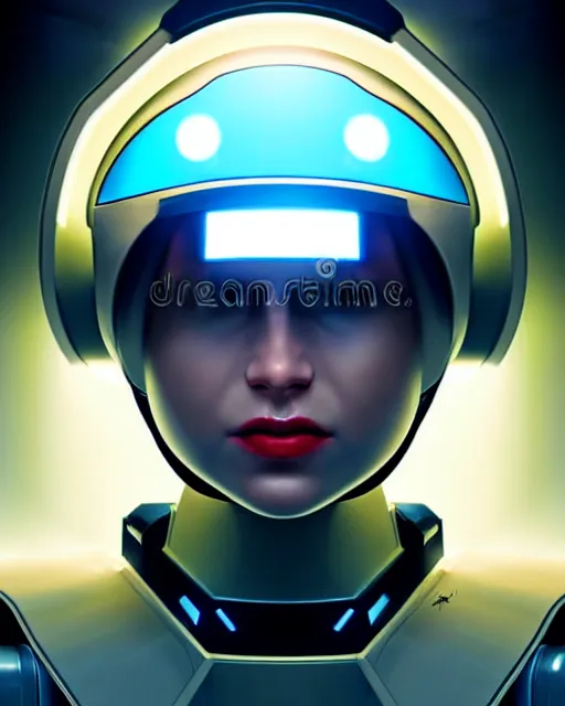 Image similar to portrait of a robot starship captain with a helmet video game character, digital illustration portrait design 3 / 4 perspective, detailed, gorgeous lighting, wide angle action dynamic portrait