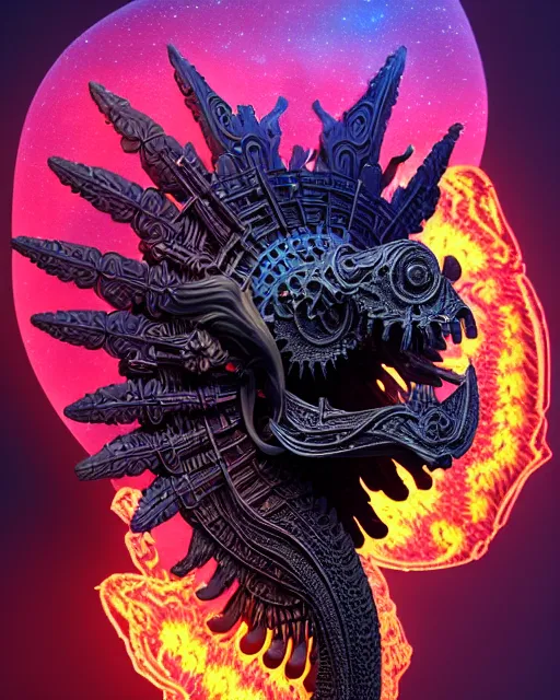 Image similar to 3 d ornate carved dark cosmic horse with profile portrait, sigma 5 0 0 mm f / 5. beautiful intricate highly detailed quetzalcoatl skull. bioluminescent, plasma, lava, ice, water, wind, creature, thunderstorm! artwork by tooth wu and wlop and beeple and greg rutkowski, 8 k trending on artstation