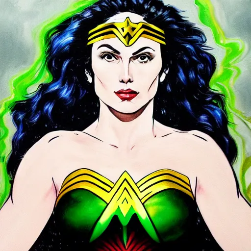 Prompt: highly detailed painting of wonder woman floating in the center, white hair, glowing green eyes, dark blue to white center background, 4 k, ultra realistic,