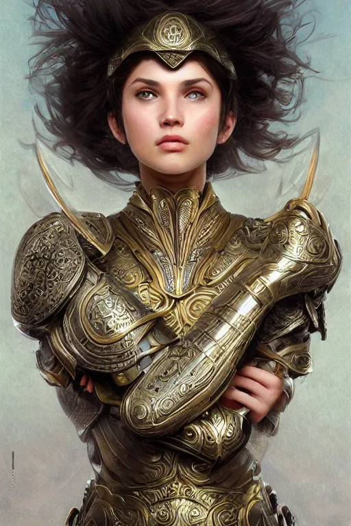 Image similar to attractive young female wearing an ornate metallic helmet, clothed in battle armor, olive skin, long dark hair, beautiful bone structure, symmetrical facial features, intricate, elegant, highly detailed, digital painting, trending on Artstation, concept art, smooth, sharp focus, illustration, art by artgerm and greg rutkowski and alphonse mucha