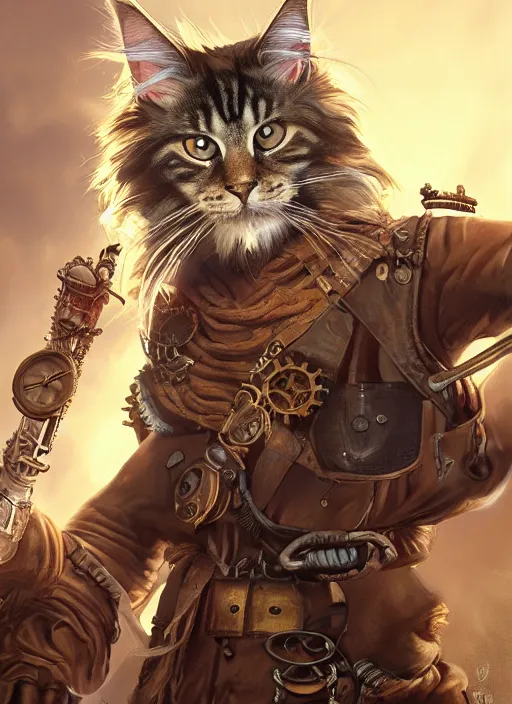 Prompt: An epic fantastic realism comic book style portrait painting of steampunk swashbuckling Maine Coon cat with piercing eyes, Apex Legends Concept Art, unreal 5, DAZ, hyperrealistic, octane render, RPG portrait, dynamic lighting, Rembrandt oil