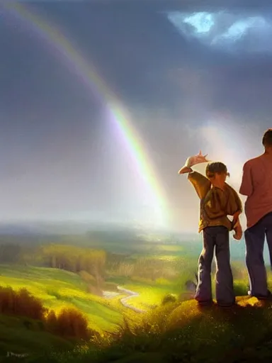 Image similar to dad. mom. kids. a happy familly looking at a distant rainbow. green valley horizon. a village. intricate, elegant, highly detailed, digital painting, artstation, concept art, sharp focus, illustration, by justin gerard and artgerm, 8 k