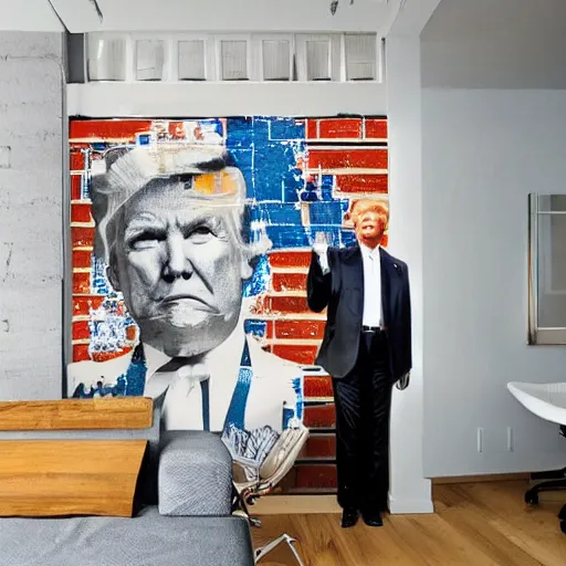 Prompt: mural of Donald Trump on the wall of a modern loft, beautiful architecture, popular interior design style