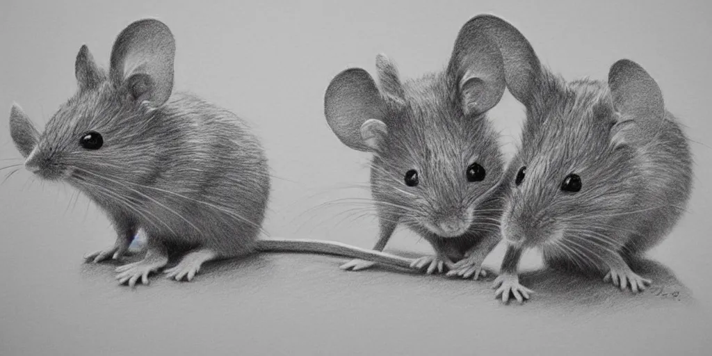 Prompt: a beautiful pencil drawing of exactly two!!! mice; masterpiece; extremely highly detailed; ultra-realistic; trending on artstation