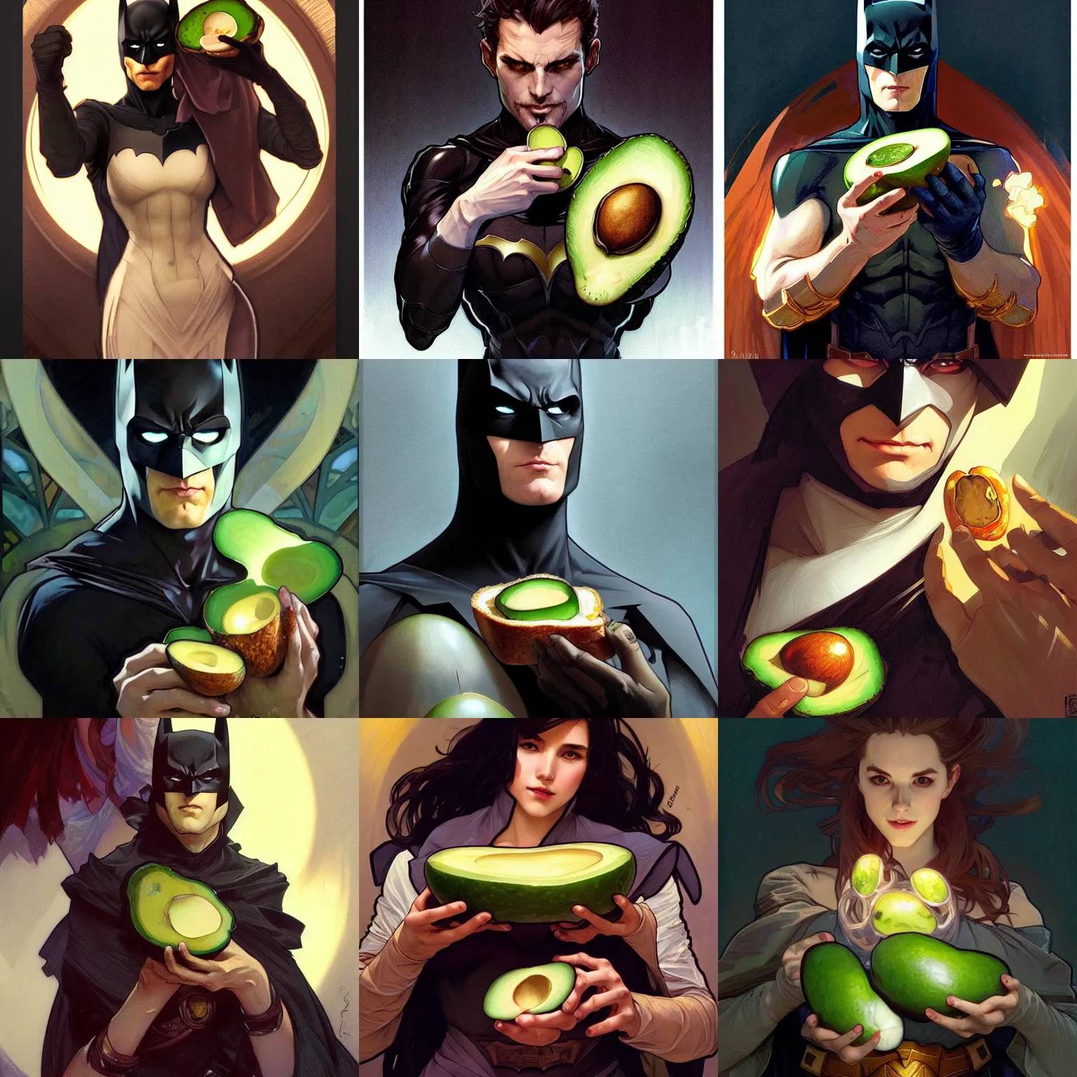 Prompt: digital character concept art by artgerm and greg rutkowski and alphonse mucha. portrait of batman holding avocado toast, beautiful, holding a stuff, detailed, poster art, light effect, glowing, hyper detail, intricate, elegant, digital painting, artstation, smooth, sharp focus