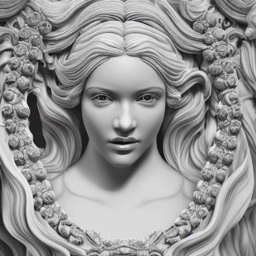 Image similar to wonderful princess made of marble, beautiful face, hyper detailed, flowing background intricate and detailed, ornate 8 k gorgeous intricate detailed, octane render, black and white