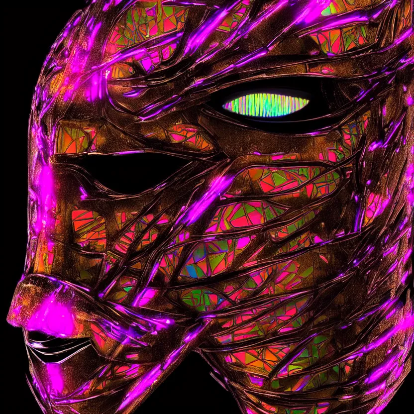 Prompt: highly detailed digital art of a futuristic iridescent geisha mask with glowing eyes. black background. gritty textures beautiful lighting. trending on artstation, behance. cyberpunk translucent design.