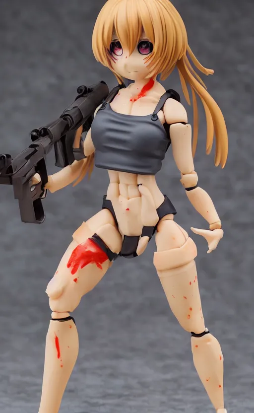 Image similar to marginal operation manga, toy photo, realistic face, blood splatter, portrait of the action figure of a tan girl, anime character anatomy, 3d printed, plastic and fabric, figma by good smile company, collection product, desert background, realistic ak47, 70mm lens, hard surfaces, photo taken by professional photographer, trending on Twitter, symbology, 4k resolution, low saturation, realistic military gear