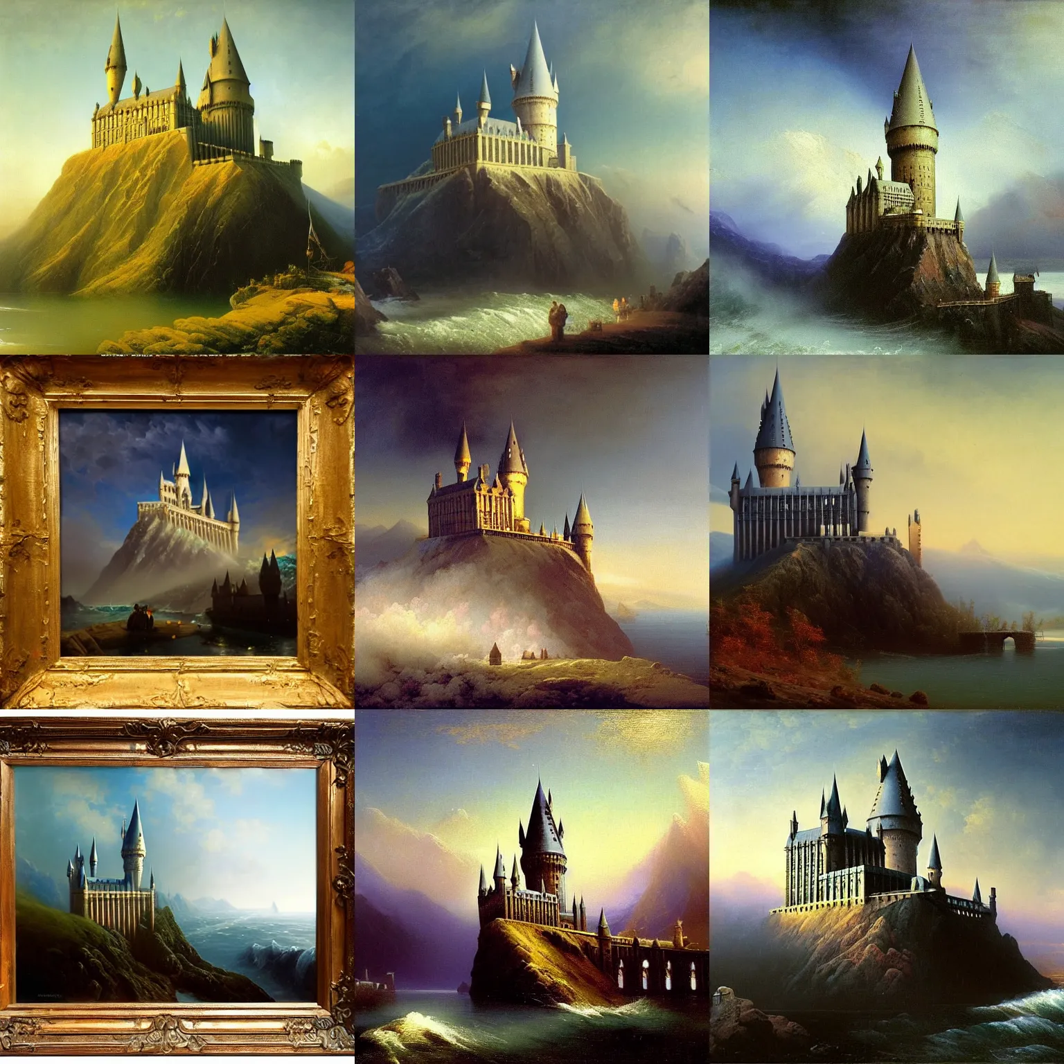 Prompt: Hogwarts castle, oil-on-canvas by Ivan Aivazovsky