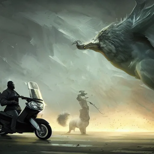 Image similar to obese Steven Seagal riding a scooter, amazing splashscreen artwork, splash art, natural light, elegant, intricate, fantasy, atmospheric lighting, cinematic, matte painting, by Greg rutkowski