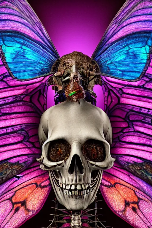 Image similar to a portrait of a skelton with moth wings, highly detailed, digital photo, hdri, by christopher bretz and john carpenter, vivid colors, high contrast, 8 k resolution, intricate, photorealistic, smooth, psychedelic color scheme, concept art, award winning, cg society contest winner