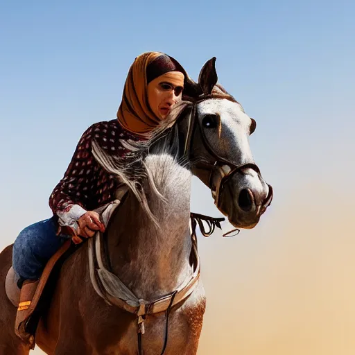 Image similar to ultra - photorealistic, middle eastern woman driving horse and handling weapon, dust, yellow cinematic, 4 k, 8 0 0 mm, uhd, vogue, winning photo of the year, sharp focus, intricate, hyperdetailed