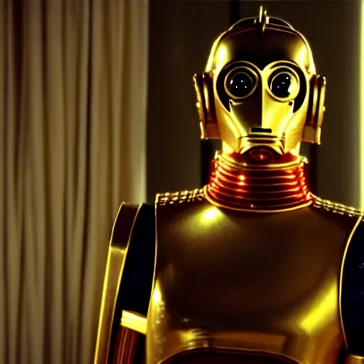 Image similar to mr. bean as c 3 po from star wars. movie still. cinematic lighting.