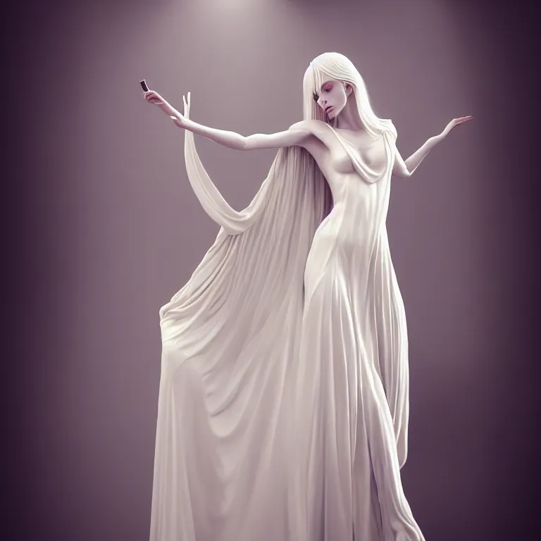 Image similar to alone with herself wonderful symmetrical beautiful albino goddess with a beautiful porcelain body dressed with a majestic semi transparent silk cream roses long dress, hightly ornate, intricate, detailed, dramatic light, award winning, octane render, meredit frampton style