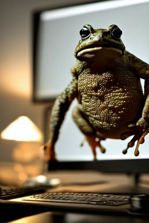 Prompt: A toad, sitting in a dark room, looking at a computer monitor, cinematic, detailed