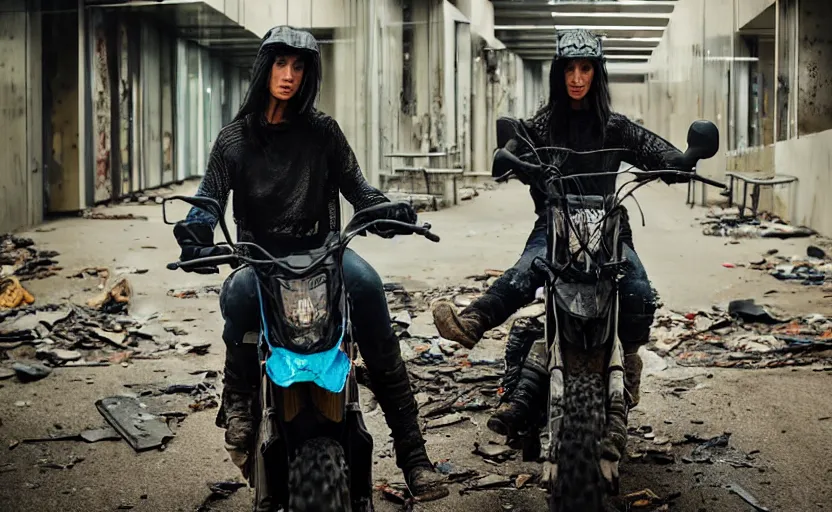 Image similar to cinestill 5 0 d candid photographic portrait by helen levitt of dichen lachman wearing rugged black mesh techwear on a dirtbike through an abandoned mall, extreme closeup, modern cyberpunk moody emotional cinematic, snow storm, 8 k, hd, high resolution, 3 5 mm, f / 3 2, ultra realistic faces, ex machina