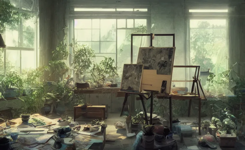 Image similar to a stylish artist studio interior, messy, many plants, drafting table, easel, painting by Craig Mullins, octane rendering, soft morning lighting, wide angle lens, low view, in the style of Hayao Miyazaki, trending on artstation,