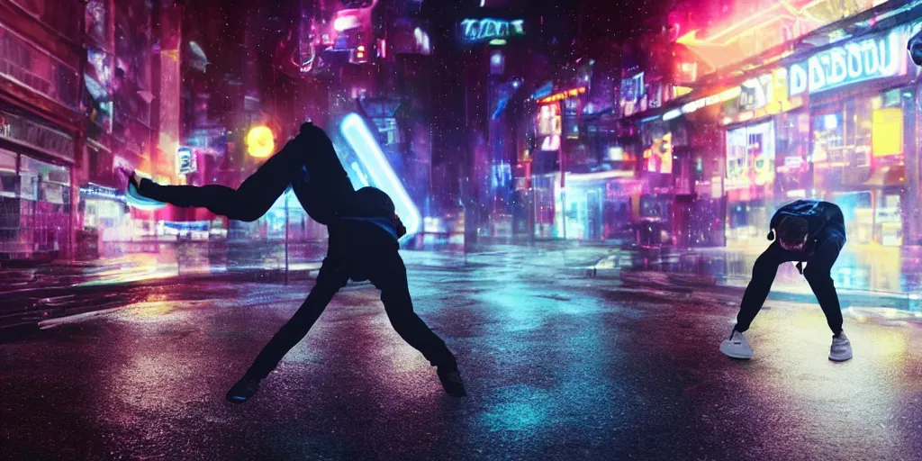 Image similar to slow motion film still of futuristic break dancer wearing dark suit with neon lights, long exposure shot , at night in the middle of a rainy street, rim lights, glossy reflections, octane render, detailed and soft, by laurie greasley