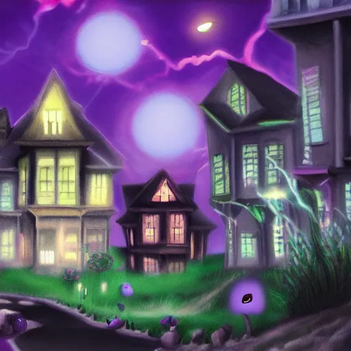 Prompt: hyperrealistic painting of pokemon lavender town, terrifying, purple dim light, ghosts flying