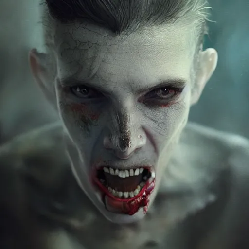 Image similar to hyperrealistic mixed media image of vampire in pain transforming into dust, stunning 3 d render inspired art by greg rutkowski and xiang duan and thomas eakes, perfect facial symmetry, flesh texture, realistic, highly detailed attributes and atmosphere, dim volumetric cinematic lighting, 8 k octane detailed render, post - processing, masterpiece,