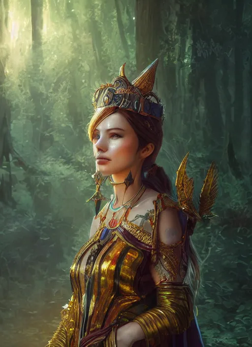 Image similar to Beautiful art portrait of a female fantasy priestess in a bright temple surrounded by lush forest, atmospheric lighting, intricate detail, cgsociety, hyperrealistic, octane render, RPG portrait, ambient light, dynamic lighting