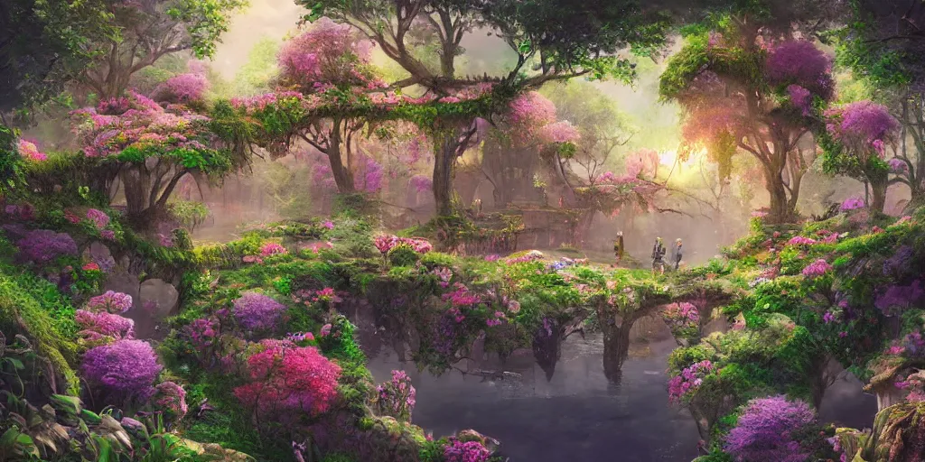 Image similar to a beautiful nature civilization, fancy, flowers, bridges, nature city, people, tree houses, trending on artstation, behance, deviantart