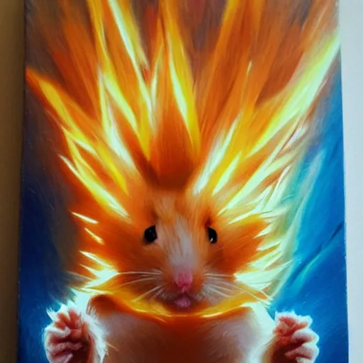 Image similar to hamster going super saiyan, oil painting