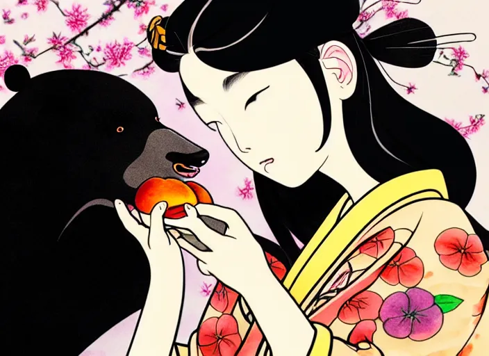 Image similar to ink painting of a girl wearing a kimono giving a peach to a large anthropomorphic asian black bear, featured in artstation, artgerm, octane render, award winning, cinematic, elegant, intricate, 8 k, close up, in the style of studio ghibli and heikala and alphonse mucha,