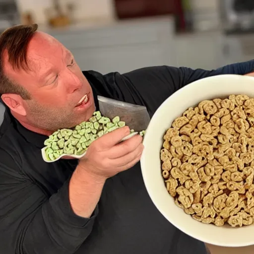 Prompt: Alex Jones eating a bowl of cereal filled with frogs. Photographic quality.