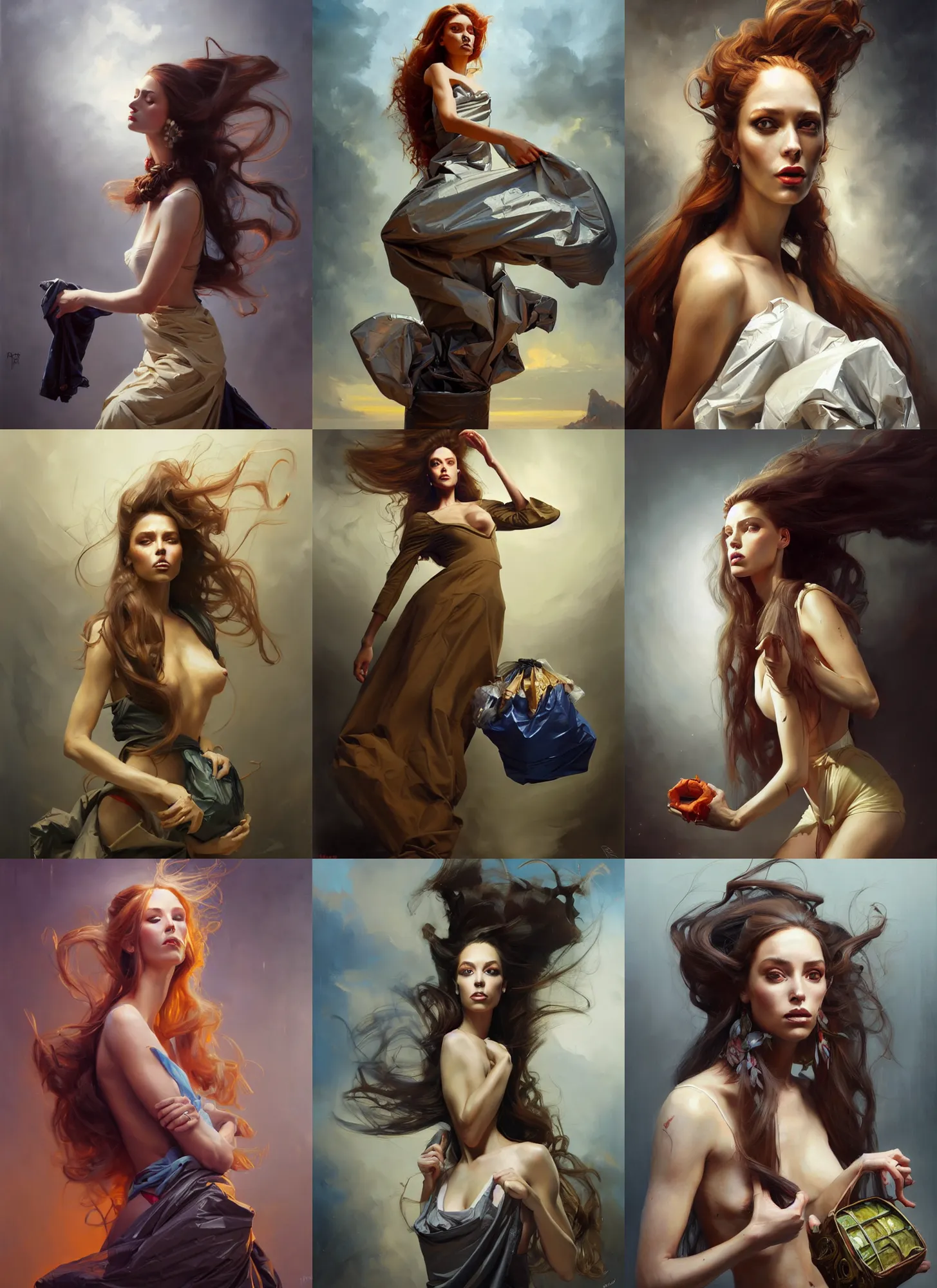 Image similar to fine art portrait oil painting of a beautiful woman with long hair wearing a garbage bag for clothes, perspective, ultra detailed, elegant, intricate, dynamic lighting, hyperrealism, sharp focus, art by peter mohrbacher and greg manchess and andrei riabovitchev