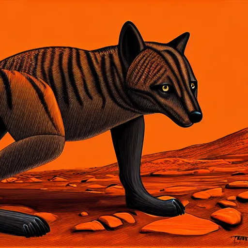 Prompt: Cybernetic Tan Metal Thylacine Exploring Mars, Digital Painting