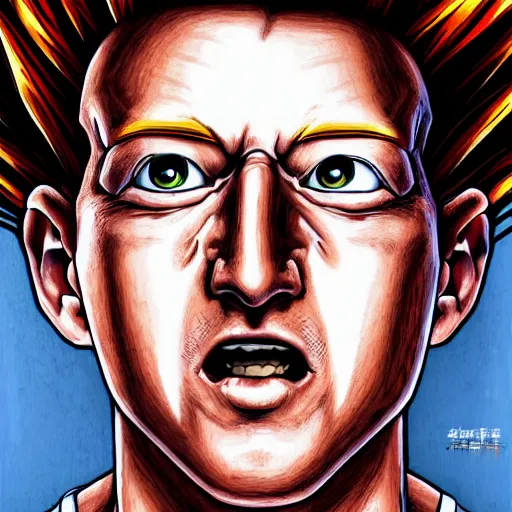 Prompt: ultra realistic portrait painting of mark zuckerberg as super saiyan 3 goku, art by akira toriyama, 4 k, dragon ball artstyle, cel shaded, highly detailed, epic lighting