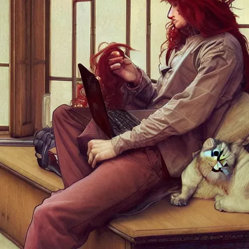 Image similar to a red-haired long-haired teenage boy sitting at a computer, lions around him, painting by artgerm and greg rutkowski and alphonse mucha, smooth sharp focus