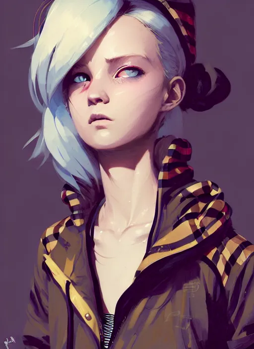 Prompt: highly detailed portrait of a sewer punk lady student, blue eyes, burberry hoodie, white hair by atey ghailan, by greg rutkowski, by greg tocchini, by james gilleard, by joe fenton, by kaethe butcher, gradient gold, black, brown and pink color scheme, grunge aesthetic!!! ( ( graffiti tag wall background ) )