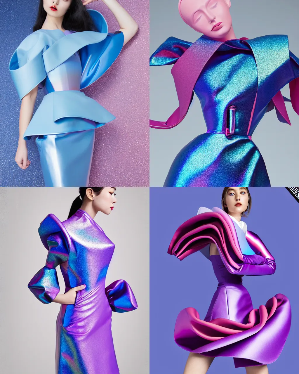 Prompt: vynil figure collection ball shaped accordion sleeve haute couture, sailor uniform, coat, synthetic curves striking pose, dynamic folds, cute pockets, volume flutter, youthful, modeled by modern designer bust, body fit, award fashion, picton blue, petal pink gradient scheme, holographic tones, expert composition, professional retouch, editorial photography