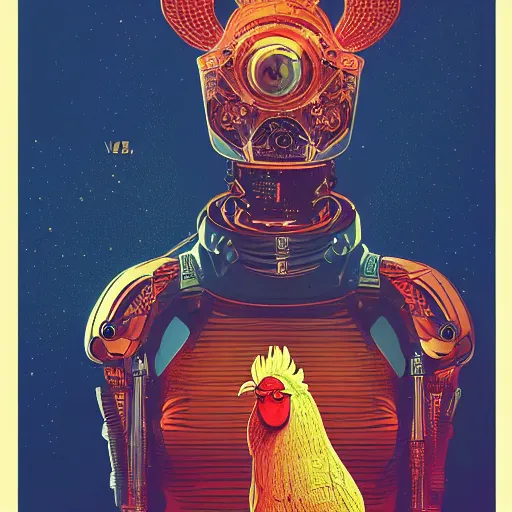 Image similar to a portrait of a robotic rooster wearing a hoodie, science fiction, retro cover, high details, intricate details, by vincent di fate, artgerm julie bell beeple, 60s, inking, vintage 60s print, screen print