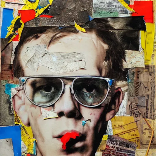Prompt: detailed analogue mixed media collage with canvas texture in style of contemporary art, punk art, hyperrealistic young hunter s. thompson smoking cigarette, wearing glasses, photorealistic, expressionism, masterpiece, perfect composition, spectacular quality, intricate oil details, vivid broken glass, torn paper, magazine pages