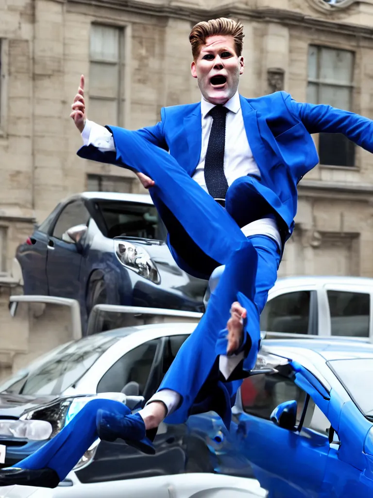 Image similar to !dream Sir Kier Starmer wearing a blue suit jumping on top of a toyota yaris