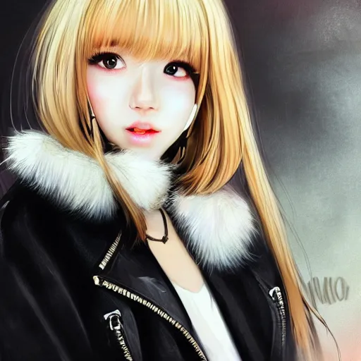 Image similar to realistic beautiful gorgeous natural cute Blackpink Lalisa Manoban blonde hair cute fur blonde cat ears, wearing summer outfit, wearing headphones, wearing black leather choker artwork drawn full HD 4K highest quality in artstyle by professional artists WLOP, Taejune Kim, Guweiz on Artstation Pixiv