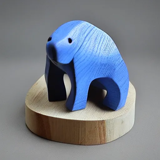 Image similar to a beautiful minimalist curvy shaped small sculpture of hippopotamus hippo baby, wood and blue epoxy, cubic blocks mix stripes cuts, detailed, fine, gorgeous