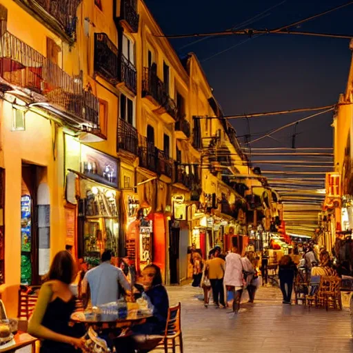 Prompt: a busy side street in valencia, people outside eating meals, taverns nighttime lifestyle, photorealistic