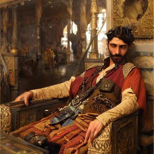 Image similar to highly detailed portrait of a wealthy kurdish merchant d & d. art by donato giancola, eugene delacroix, ruan jia, carl larsson, peter mohrbacher. trending on artstation, intricate details, energetic composition, fantasy, concept art, illustration, elegant art, global illuminaition