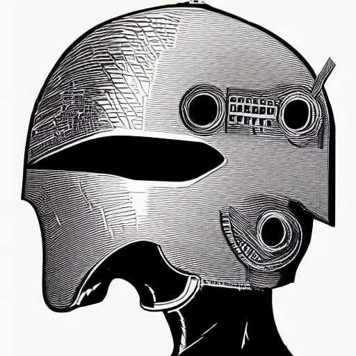 Image similar to a patent drawing of an intricate detailed vr headset from the future in the shape of a medieval knight helmet, extremely detailed alien technology vr!!! headset, with arrows and side angels