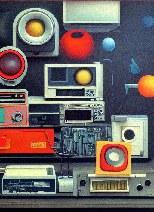 Prompt: still life 8 0 s era technology, vintage shapes, retro technology, happy color, wayne barlow, oil on canvas, deep depth field, masterpiece, cinematic composition, hyperdetailed