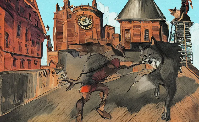 Image similar to a boy fighting a wolf on the edge of a clocktower, digital gouache, print