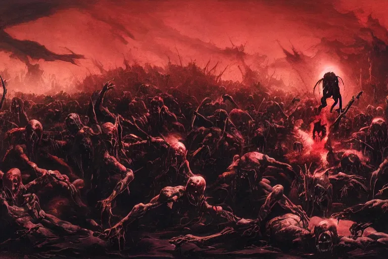 Image similar to undead army emerging from a lake of blood guided by the angel of death, dramatic lighting by Frank Frazetta