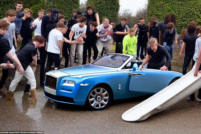 Prompt: A group of teenagers are behind a Rolls-Royce holding him by the boot and pushing him into a white lake from a small slide