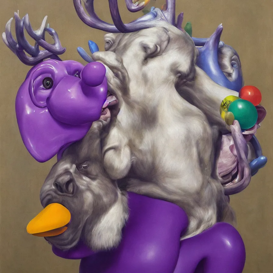 Prompt: rare hyper realistic portrait painting by italian masters, studio lighting, brightly lit purple room, a blue rubber duck with antlers laughing at a giant laughing white bear with a clown mask